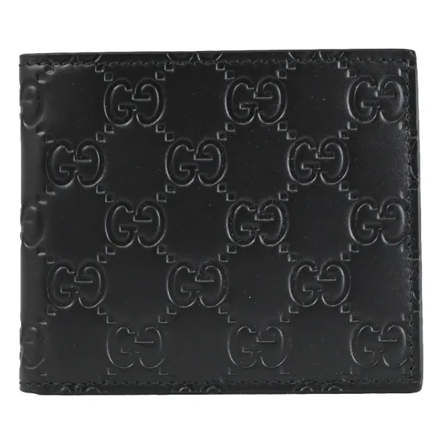 【GUCCI 古馳】經典雙G LOGO皮革壓紋雙層對折八卡短夾(黑)