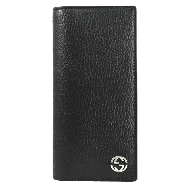 【GUCCI 古馳】金屬雙G LOGO天然皮革多卡證件對折零錢長夾(黑)