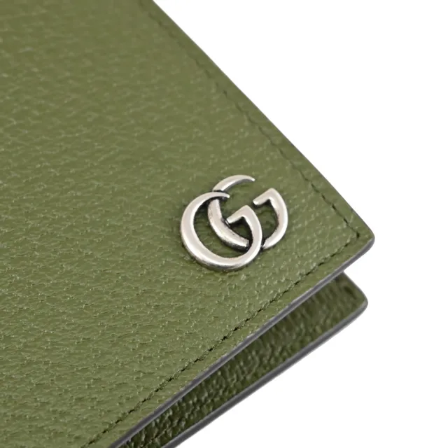 【GUCCI 古馳】金屬雙G LOGO素雅皮革雙層8卡對折短夾(墨綠)