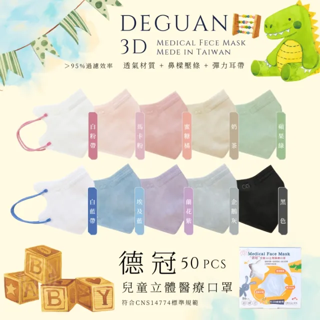 【Deguan】兒童3D立體醫療口罩4盒組(50入/盒|透氣材質|鼻樑壓條|彈力耳帶|MIT製造)