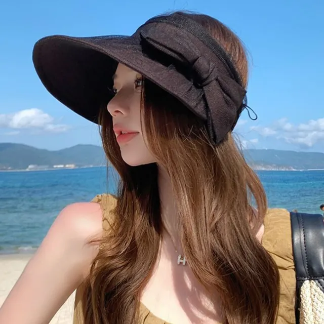 【LEEHER】618 女生/帽子/遮陽帽/薄紗蝴蝶結/大蝴蝶結/空頂帽/防曬帽/顯臉小/頭圍可調/魔鬼氈黏貼/