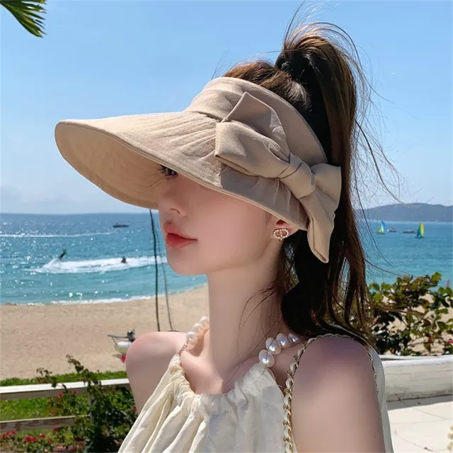 【LEEHER】618 女生/帽子/遮陽帽/薄紗蝴蝶結/大蝴蝶結/空頂帽/防曬帽/顯臉小/頭圍可調/魔鬼氈黏貼/