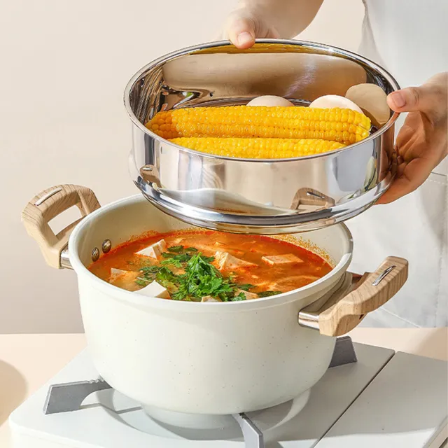 【QHL 酷奇】麥飯石 雙耳湯鍋不沾鍋-附鍋蓋+304不鏽鋼蒸籠-20CM(燉鍋/湯鍋/煎鍋)