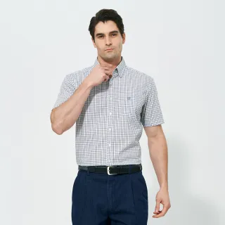 【pierre cardin 皮爾卡登】休閒服飾 男款 進口素材純棉細格紋休閒短袖襯衫-藍灰格(5257103-84)