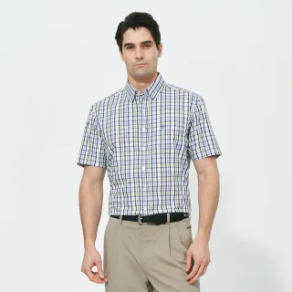 【pierre cardin 皮爾卡登】休閒服飾 男款 進口素材純棉細格紋休閒短袖襯衫-藍綠格(5257105-38)