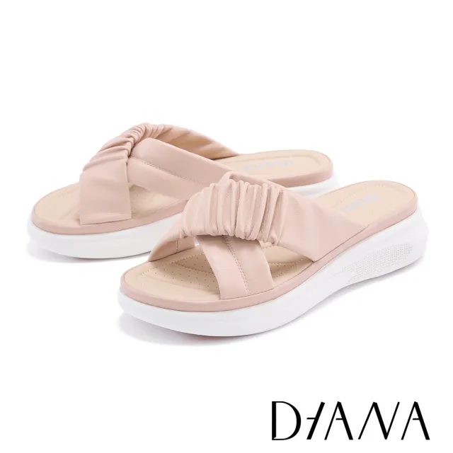 【DIANA】質感羊皮皺褶交叉厚底拖鞋(粉色)