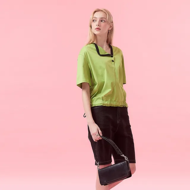【ICHE 衣哲】Cop.Copine法式撞色滾邊拼接鬆緊抽繩翻領五分袖造型上衣