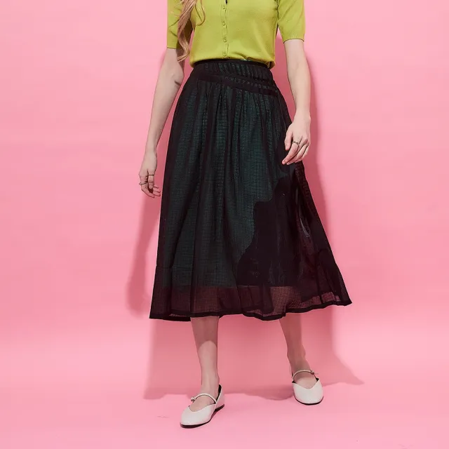 【ICHE 衣哲】Cop.Copine法式輕時尚紡紗層次拼接透視感雕花造型半長裙