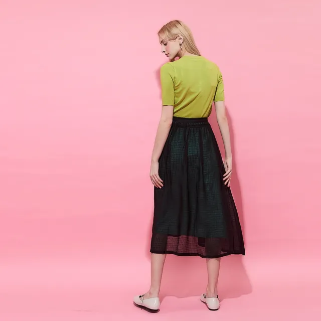 【ICHE 衣哲】Cop.Copine法式輕時尚紡紗層次拼接透視感雕花造型半長裙