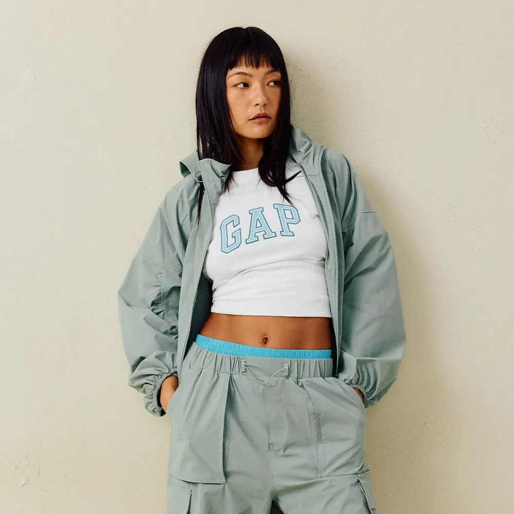 【GAP】女裝 Logo刺繡立領連帽外套-淺綠色(766122)