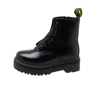 【E&B】時尚八孔綁帶前拉鍊造型厚底粗跟個性馬丁靴(黑)