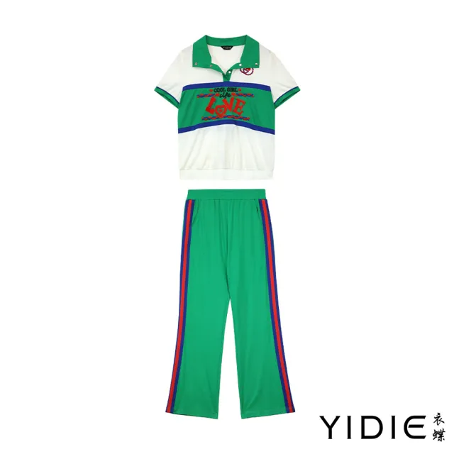 【YIDIE 衣蝶】水鑽字母刺繡紅藍織帶長褲套裝-白/綠(上下身分開販售)