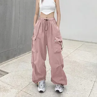 【amica】美式工裝休閒褲 女褲 女長褲 休閒長褲 美式穿搭 高腰直筒褲 抽繩工裝褲拖地褲(運動休閒褲)
