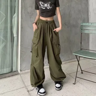 【amica】美式工裝休閒褲 女褲 女長褲 休閒長褲 美式穿搭 高腰直筒褲 抽繩工裝褲拖地褲(運動休閒褲)