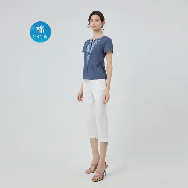 【ILEY 伊蕾】層次印花拼接純棉上衣(深藍；M-XL；1252071029)