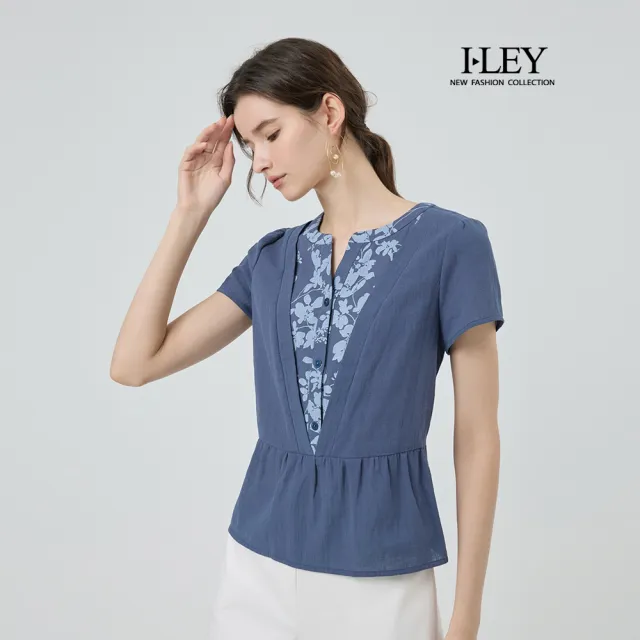 【ILEY 伊蕾】層次印花拼接純棉上衣(深藍；M-XL；1252071029)