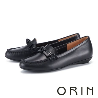 【ORIN】柔軟牛皮蝴蝶結鑽飾莫卡辛平底鞋(黑色)