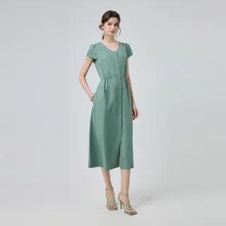 【ILEY 伊蕾】V領排釦萊賽爾收腰洋裝(淺綠；M-XL；1252687503)