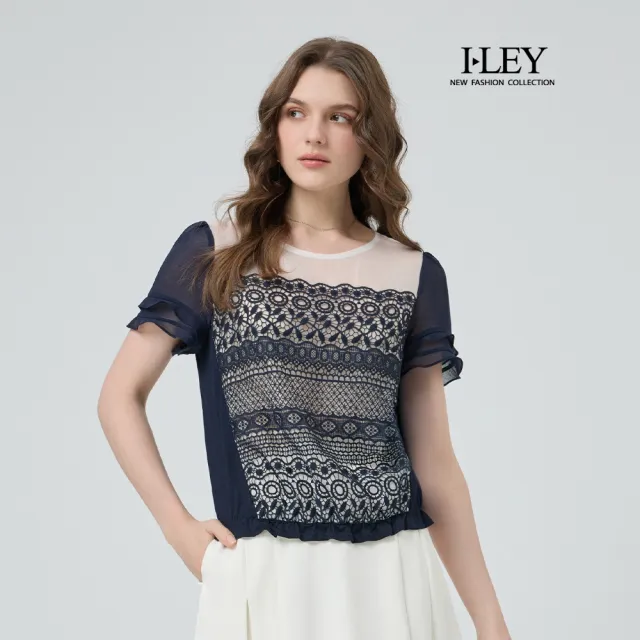【ILEY 伊蕾】棉質拼接雙層蕾絲上衣(深藍；M-2L；1252161813)
