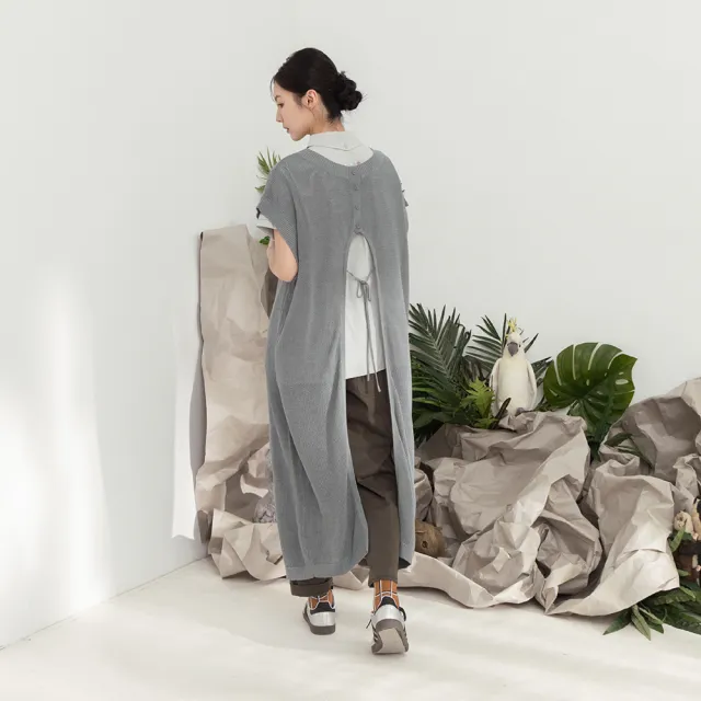 【MOSS CLUB】網目長版後開孔綁帶針織上衣(綠 杏 灰/魅力商品)