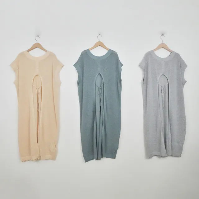 【MOSS CLUB】網目長版後開孔綁帶針織上衣(綠 杏 灰/魅力商品)
