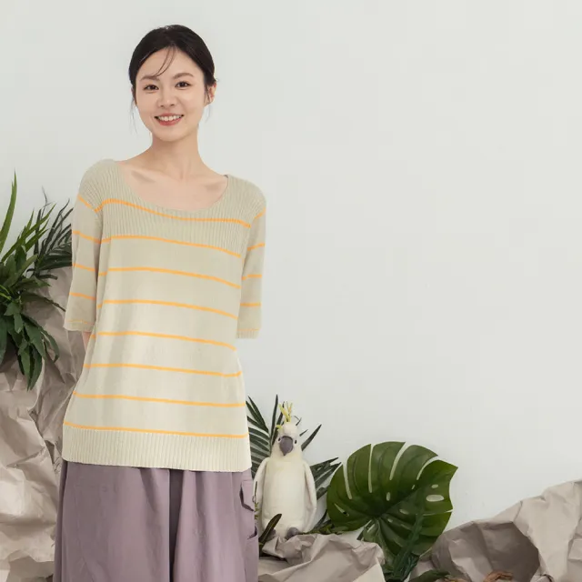 【MOSS CLUB】配色條紋坑條圓領針織上衣(藍 綠 杏/魅力商品)