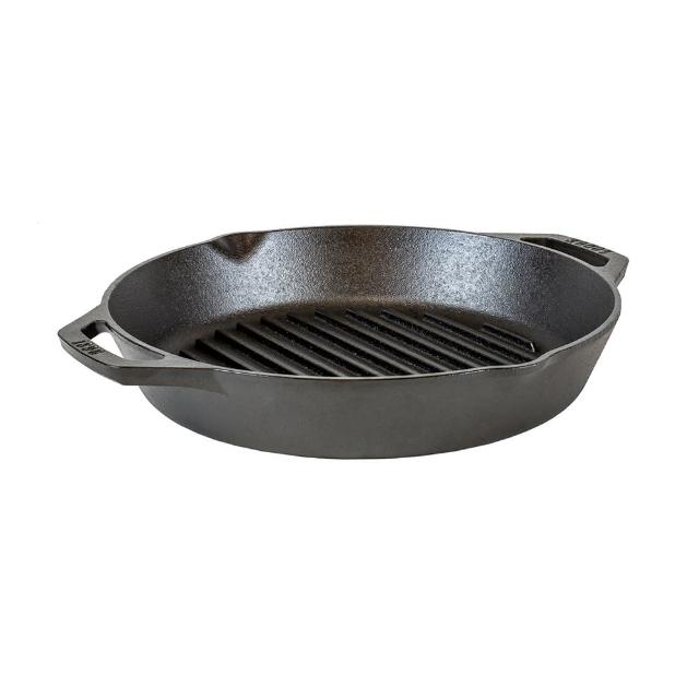 【LODGE】美國製雙耳圓形鑄鐵橫紋煎烤鍋-32cm (鑄鐵牛排鍋/鑄鐵煎鍋/烙紋煎盤/排油鍋/L10GPL)