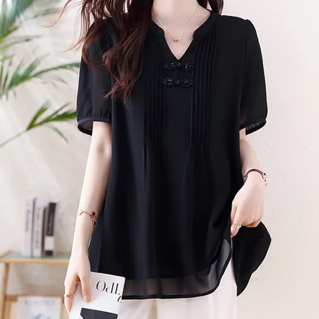 【麗質達人】5655黑色雪紡上衣-AA (L-5XL)