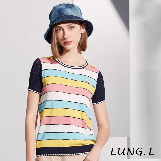 【LUNG.L 林佳樺】L852A 粉色彩條搭配藍色短袖女裝針織衫(春夏新品)