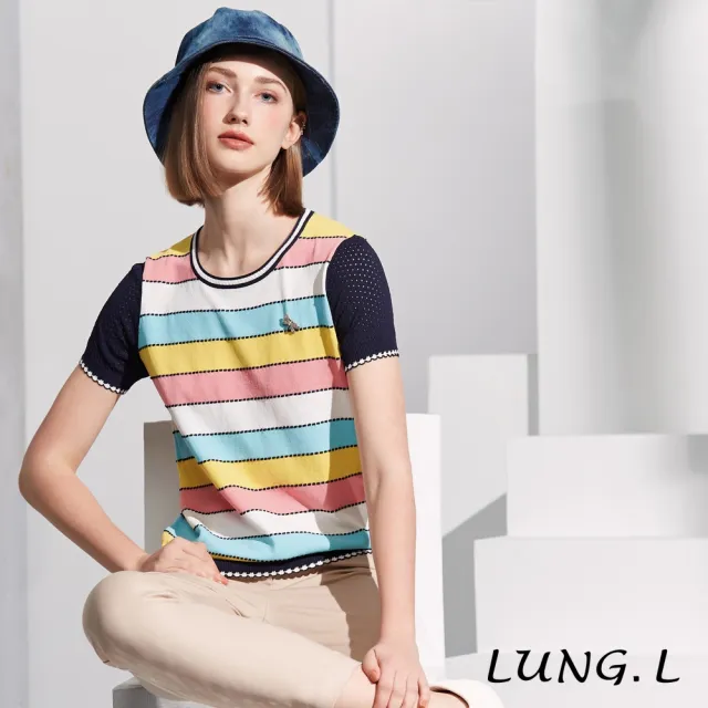 【LUNG.L 林佳樺】L852A 粉色彩條搭配藍色短袖女裝針織衫(春夏新品)