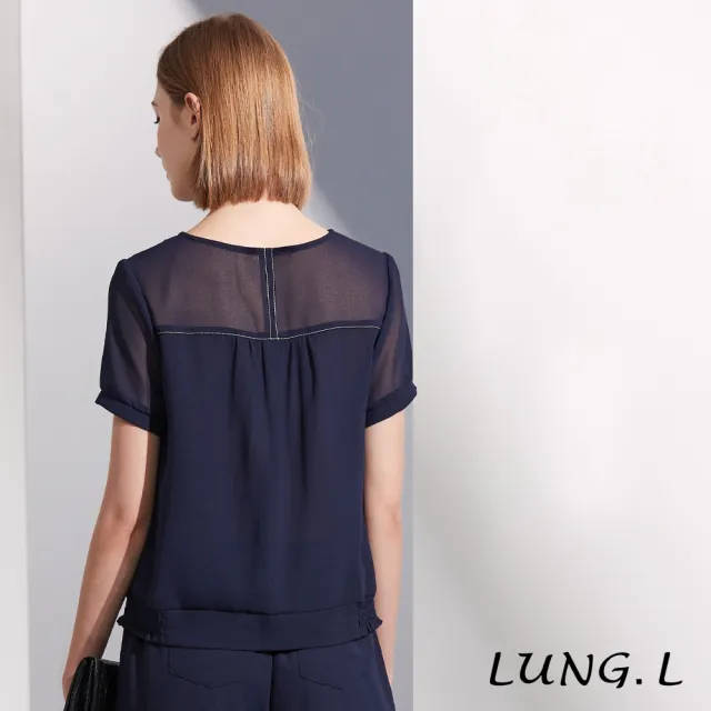 【LUNG.L 林佳樺】LR85A 藍色厚雪紡白色壓線短袖女裝上衣(春夏新品 加大尺碼)