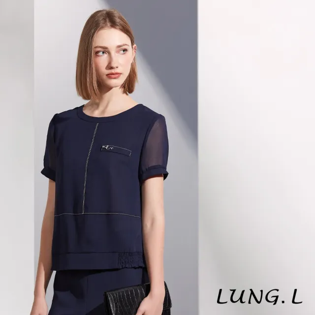 【LUNG.L 林佳樺】LR85A 藍色厚雪紡白色壓線短袖女裝上衣(春夏新品 加大尺碼)