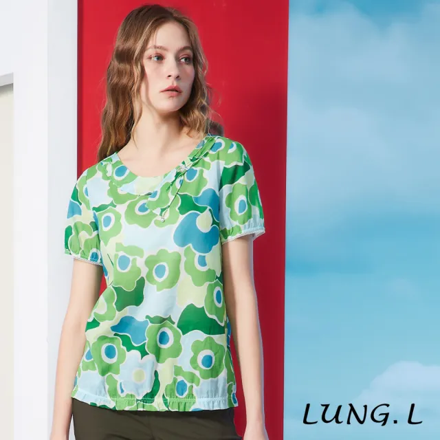 【LUNG.L 林佳樺】LS45A 綠色抽象花朵圖案短袖棉質女裝上衣(春夏新品)