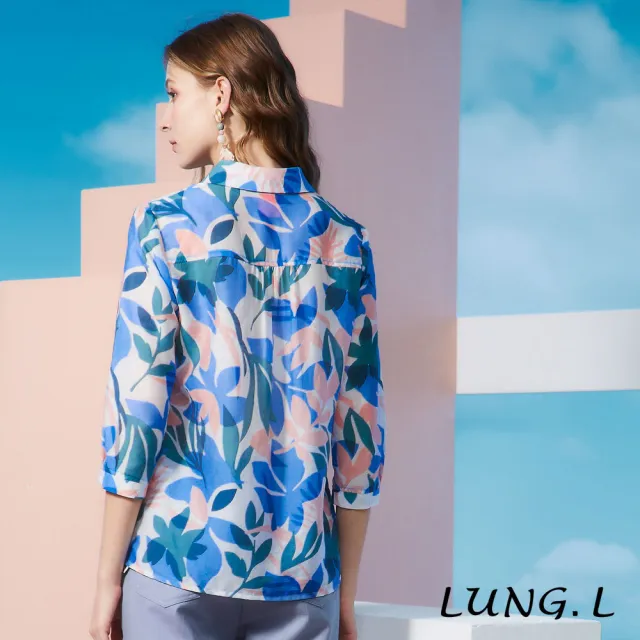 【LUNG.L 林佳樺】LS77A 水藍色印花半門襟A-line七分袖女裝上衣(春夏新品 加大尺碼)