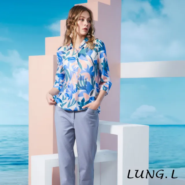 【LUNG.L 林佳樺】LS77A 水藍色印花半門襟A-line七分袖女裝上衣(春夏新品 加大尺碼)