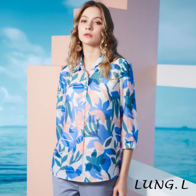 【LUNG.L 林佳樺】LS77A 水藍色印花半門襟A-line七分袖女裝上衣(春夏新品 加大尺碼)
