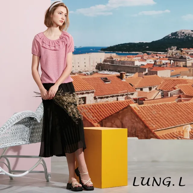 【LUNG.L 林佳樺】LS26A 粉色荷葉邊捲花小圓點短袖女裝上衣(春夏新品)
