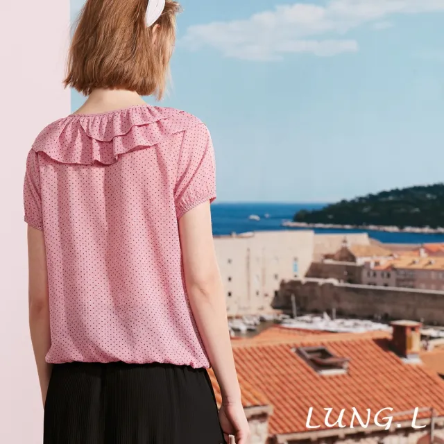 【LUNG.L 林佳樺】LS26A 粉色荷葉邊捲花小圓點短袖女裝上衣(春夏新品)