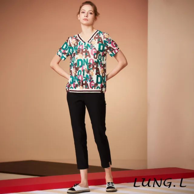 【LUNG.L 林佳樺】LS62E08 黑色脇邊印字涼感彈性女裝九分褲(春夏新品 加大尺碼)