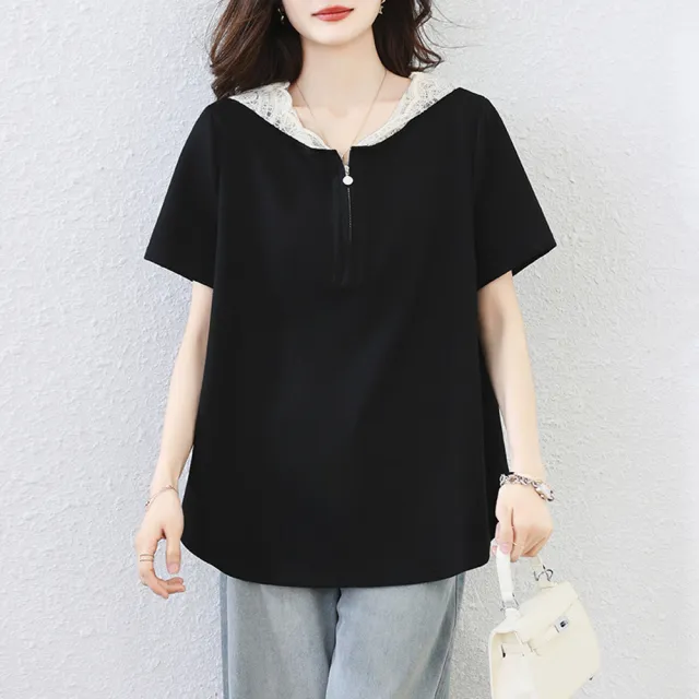 【ALLK 歐楷】新品 蕾絲連帽上衣 黑色(尺寸L-XXL/中大尺碼/涼爽/透氣)