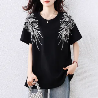 【ALLK 歐楷】出清 亮片繡花上衣 黑色(尺寸L-XXL/中大尺碼/涼爽/透氣)