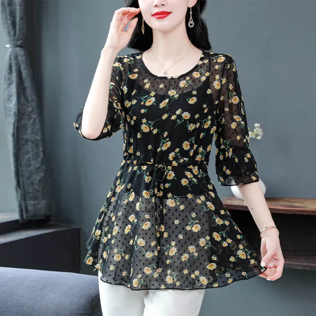 【ALLK 歐楷】新品 印花雪紡上衣 黑色(尺寸L-XXL/中大尺碼/涼爽/透氣)