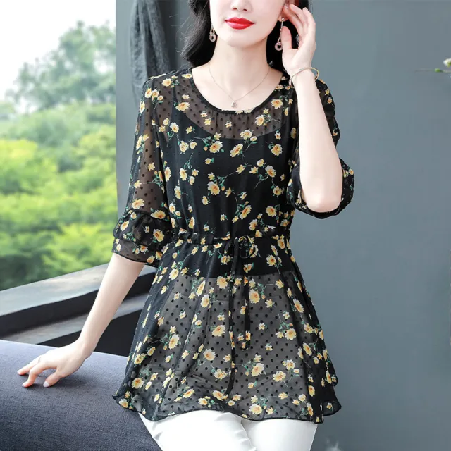 【ALLK 歐楷】新品 印花雪紡上衣 黑色(尺寸L-XXL/中大尺碼/涼爽/透氣)