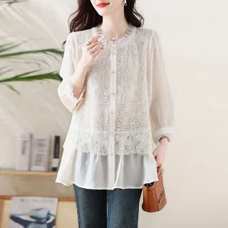 【ALLK 歐楷】新品 假兩件拼接上衣 米白色(尺寸L-XXL/中大尺碼/涼爽/透氣)