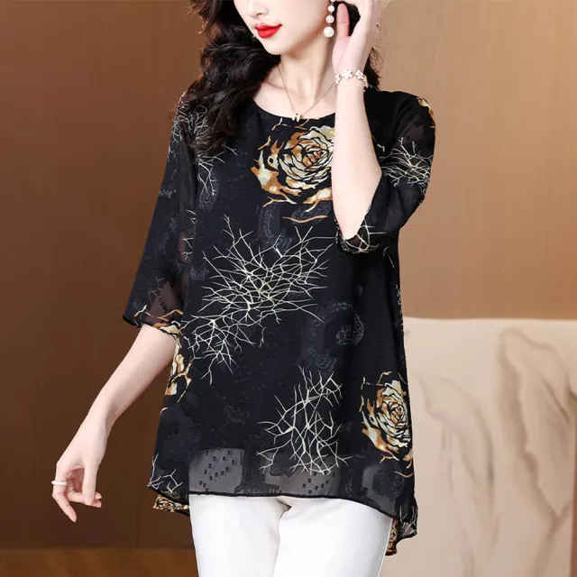 【ALLK 歐楷】新品 印花雪紡上衣 黑色(尺寸L-XXL/中大尺碼/涼爽/透氣)