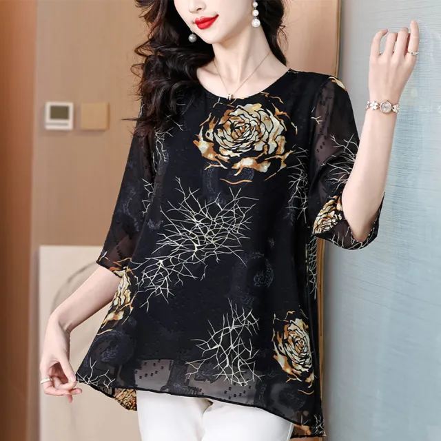 【ALLK 歐楷】新品 印花雪紡上衣 黑色(尺寸L-XXL/中大尺碼/涼爽/透氣)（其他規格）