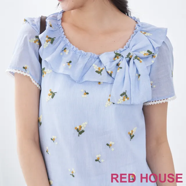 【RED HOUSE 蕾赫斯】清新荷葉領小繡花上衣(藍色)