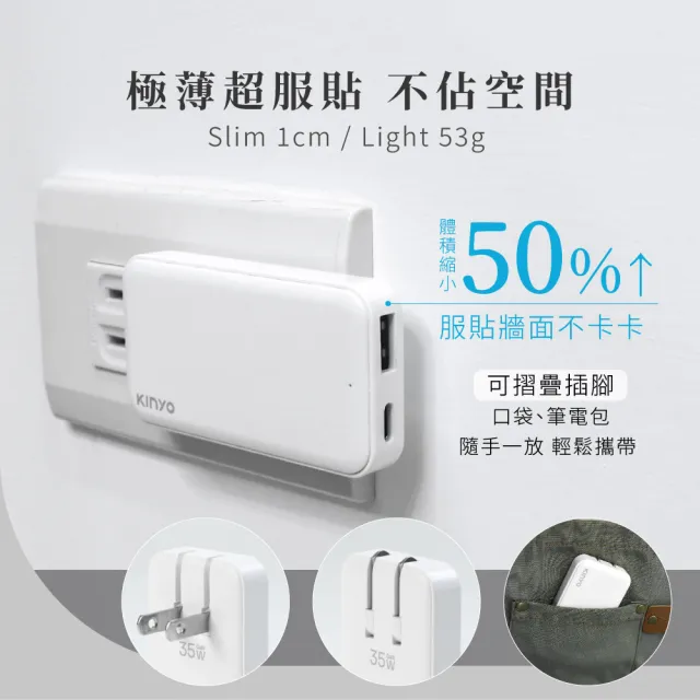 【KINYO】超薄名片型雙孔PD充電器35W(PD3.0+QC PDCB-235)