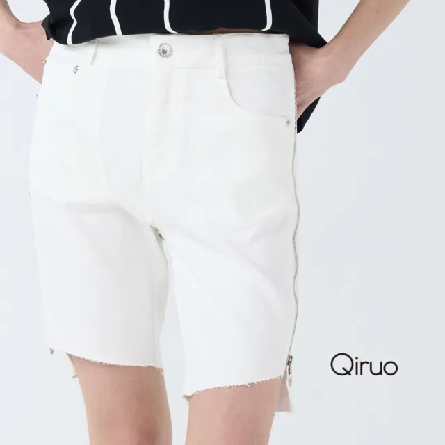 【Qiruo 奇若名品】彈性棉 拉鍊鈕扣白色膝上休閒短褲7061C