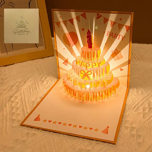 【Paper Play】生日卡片 立體賀卡/生日卡片-3D音樂彩色燈光粉嫩色系立體蛋糕造型卡片(5色任選)